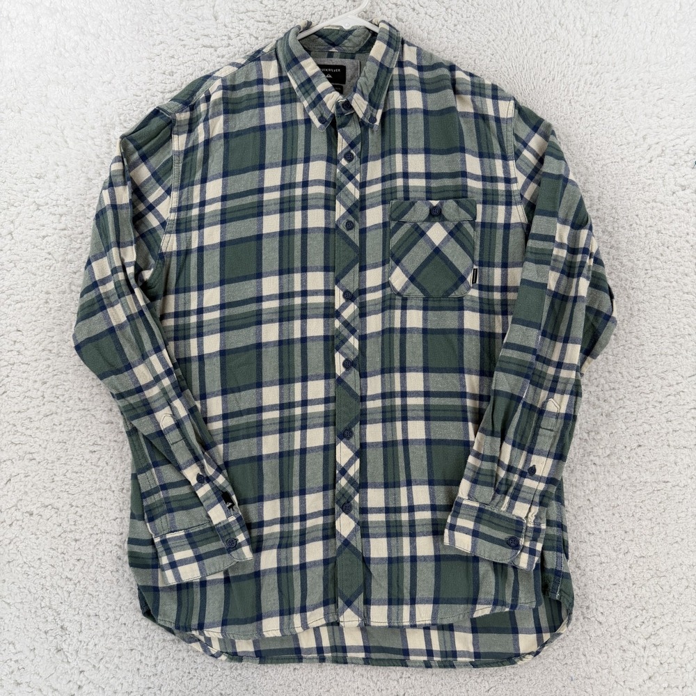 Quiksilver Flannel Shirt Mens Large Green Plaid Long Sleeve Button Up Casual